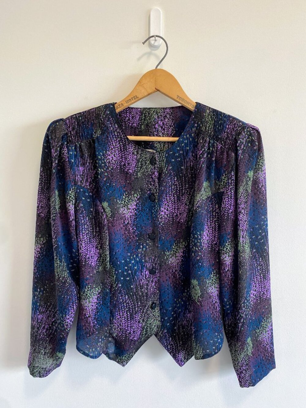 Vintage Sheer Cropped Tuxedo Style Blouse w/ Shoulder Pads / 80s